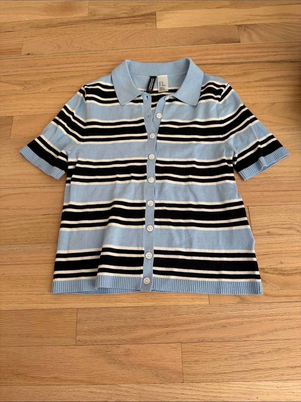 H&M Light Blue, Black & White Striped Knit Polo Button-Up